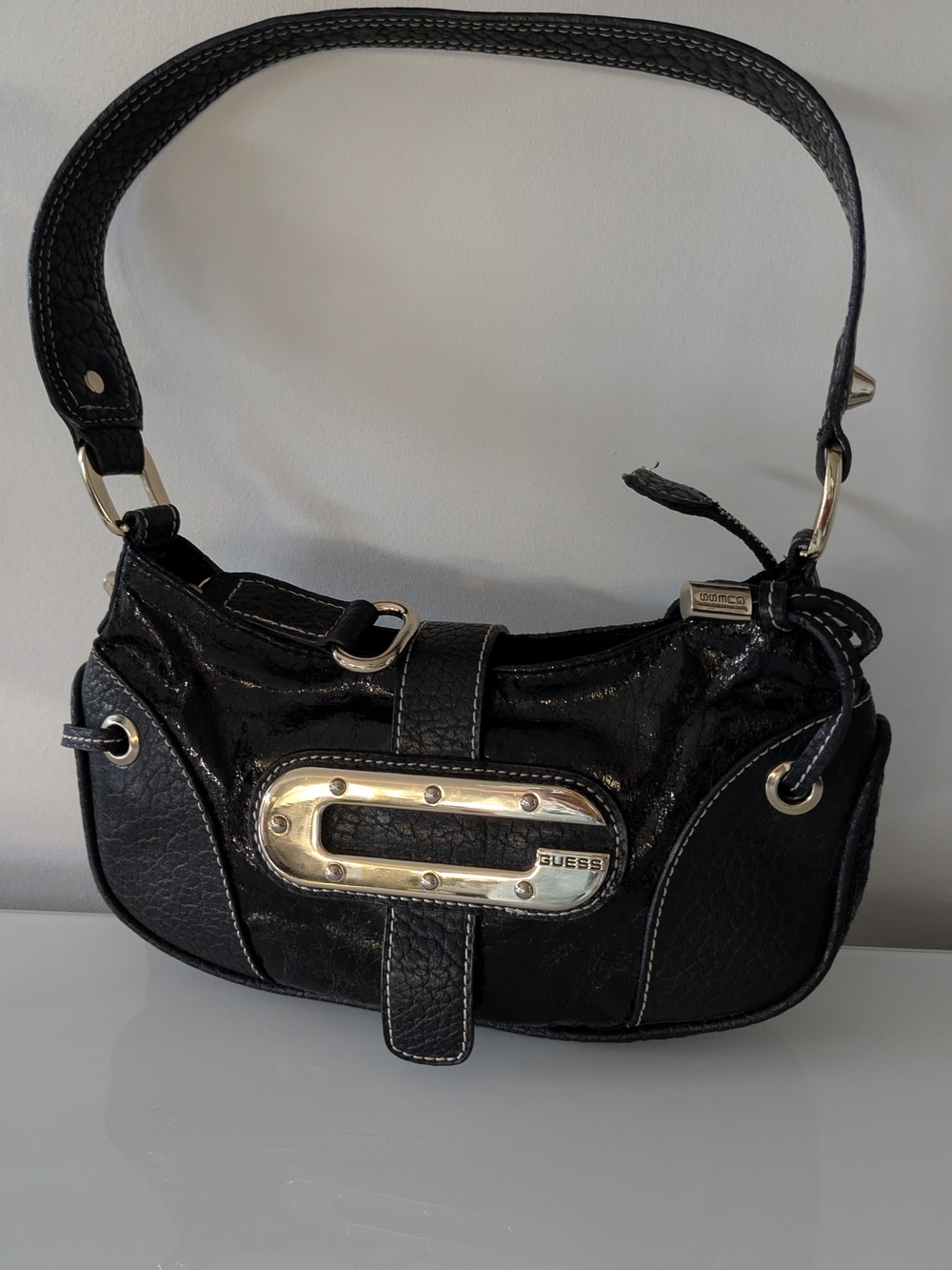 Vintage Y2K GUESS Black Leather Baguette Shoulder Bag 2000s